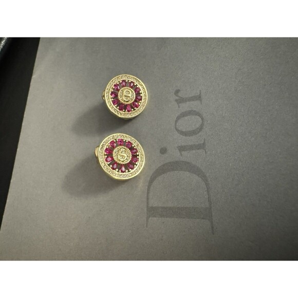 Christian Dior Stamped CD Authentic Magenta Crystals Medallion Stud Earrings - Picture 5 of 16